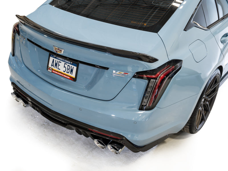 AWE Tuning Cadillac CT5-V Blackwing catback exhaust with chrome silver tips, showcasing the sleek exhaust system on the vehicle.