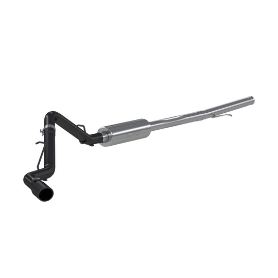 MBRP catback exhaust system for 2019 Chevrolet/GMC Silverado/Sierra 4.3L and 5.3L, single side, black coated, shown from side view