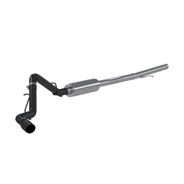 MBRP catback exhaust system for 2019 Chevrolet/GMC Silverado/Sierra 4.3L and 5.3L, single side, black coated, shown from side view