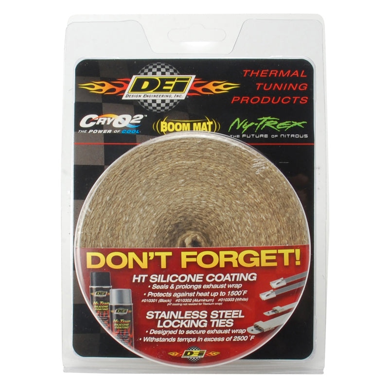 DEI exhaust wrap in tan, 2-inch by 25-foot, designed to insulate and protect exhaust components in automotive applications.
