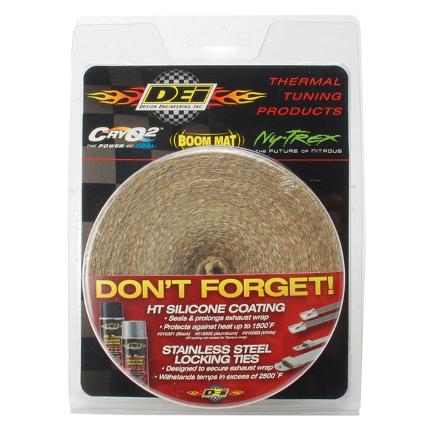 DEI exhaust wrap in tan, 2-inch by 25-foot, designed to insulate and protect exhaust components in automotive applications.