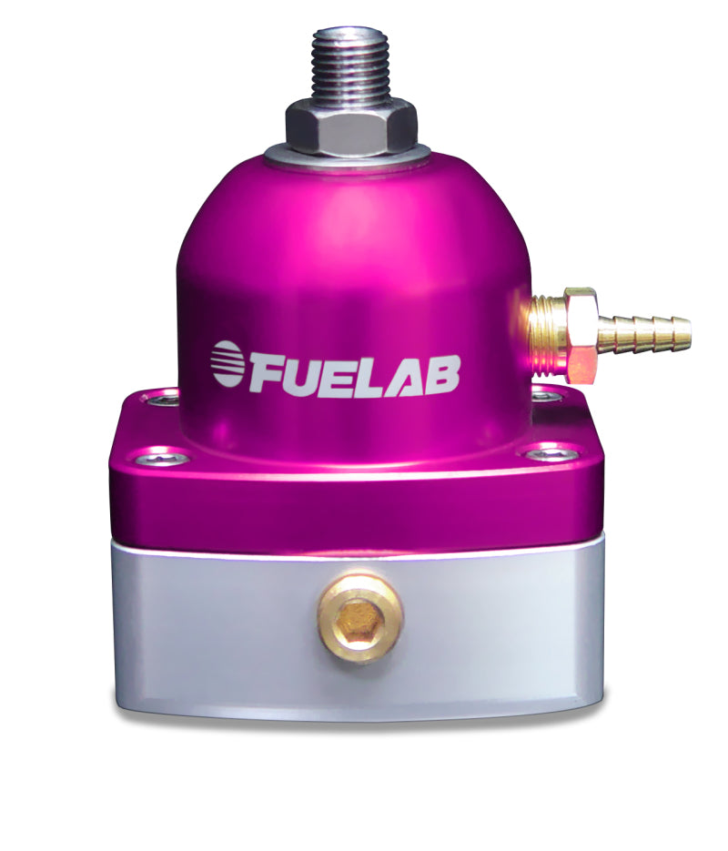 Fuelab 515 EFI adjustable fuel pressure regulator with purple finish, 25-90 PSI, -6AN inlet and return fittings.