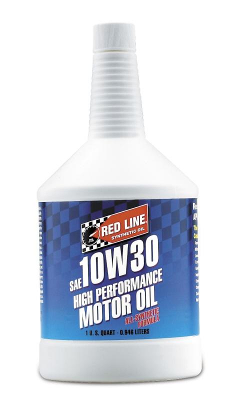 Red Line 10W30 motor oil quart bottle, clear plastic container with red and black label, suitable for engine lubrication.