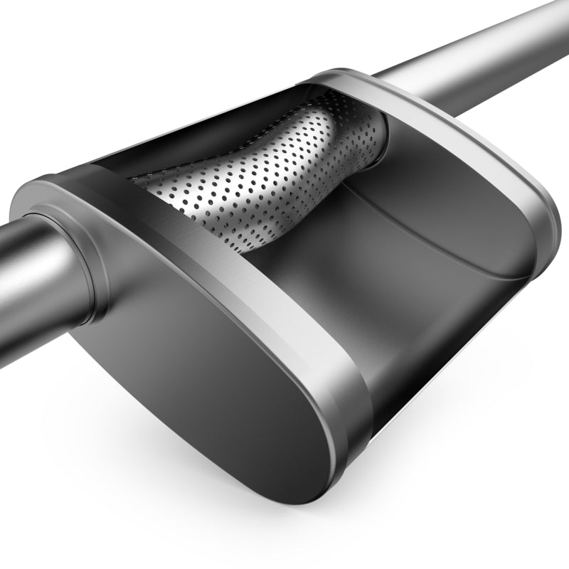 MagnaFlow Mag SS muffler with 11x4x9 inch dimensions and 2.5-inch outlet, showing the stainless steel construction and inlet/outlet pipes.