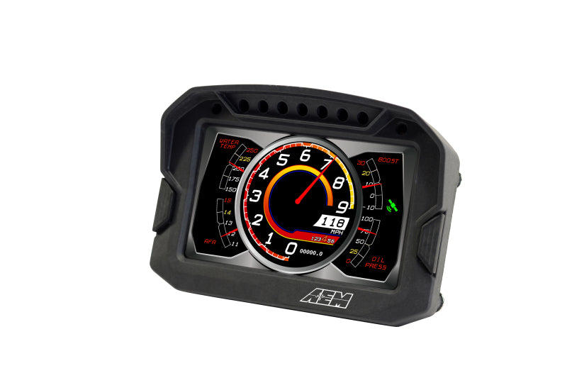AEM CD-5LG Carbon Logging Digital Dash Display with internal 10Hz GPS and antenna, showing gauges and digital readouts.
