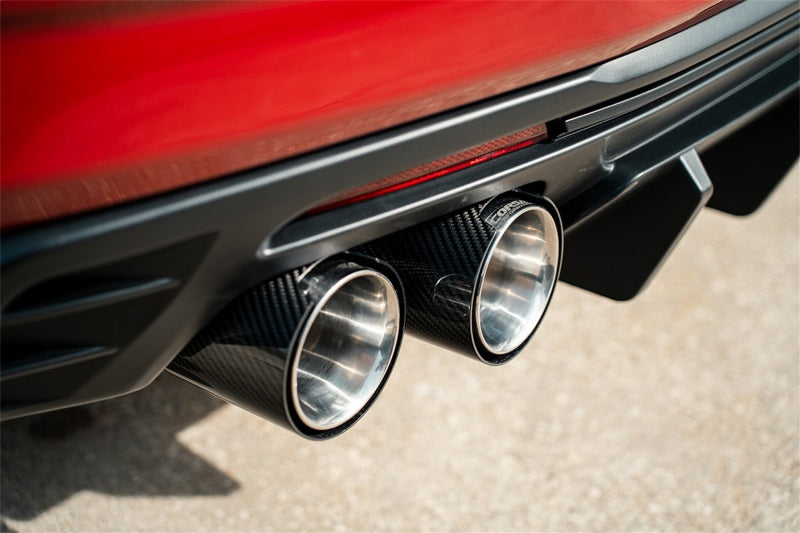 Corsa Performance Chevrolet Camaro SS/ZL1 2016-2024 axle-back exhaust with carbon fiber quad tips, showcasing sleek design and polished finish.