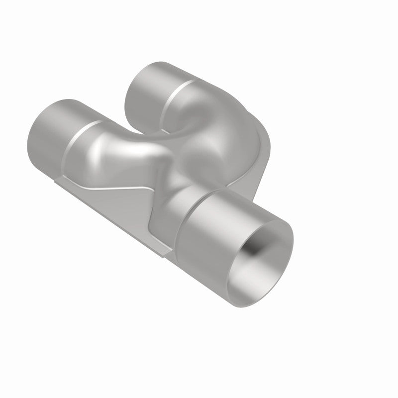MagnaFlow Smooth Trans Y 2.50-inch stainless steel Y pipe with 90-degree bend for exhaust system installation.