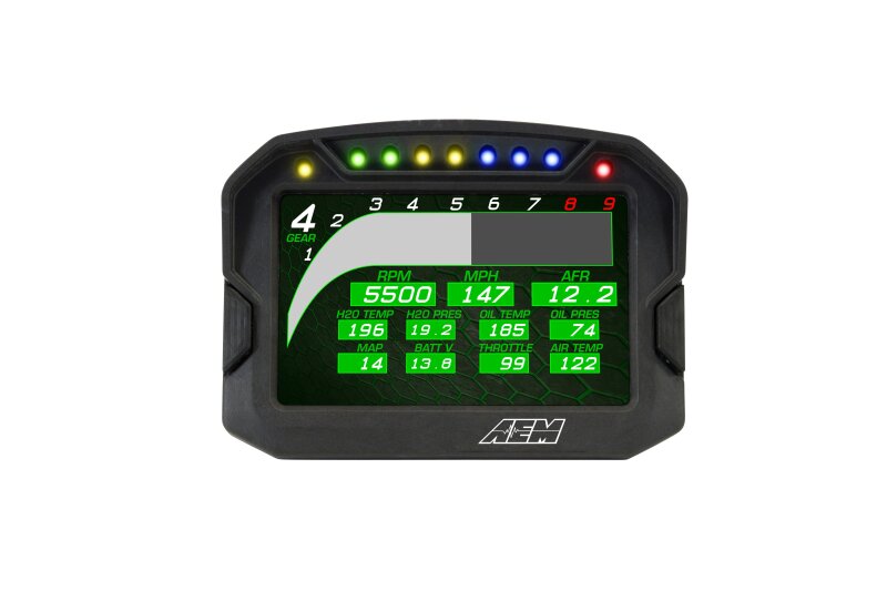AEM CD-5LG carbon digital dash display gauge with internal 10Hz GPS and antenna, showing detailed digital readout and controls.