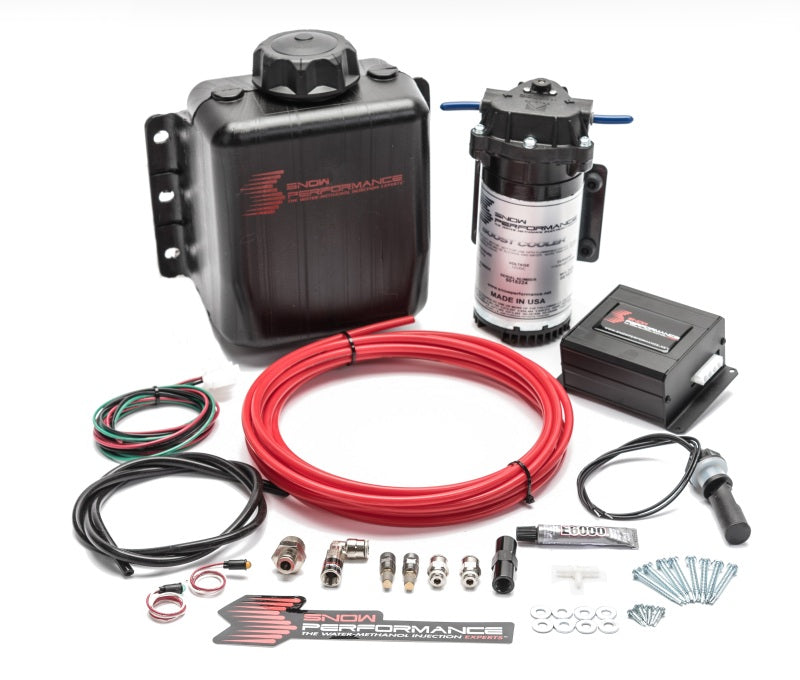 Snow Performance Stage II Boost Cooler water meth kit for forced induction engines, featuring hoses and injection components.