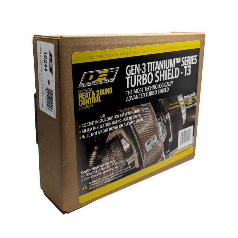 DEI Gen-3 Turbo Shield T3 titanium shield for turbo blankets, showing a sleek, heat-resistant titanium turbo shield.