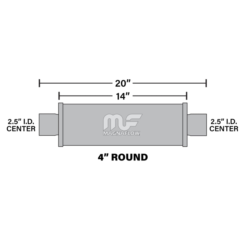 MagnaFlow MagnaFlow Mag SS muffler with 14x4x4 inch body and 2.5x2.5 inch inlet and outlet pipes, mounted on a vehicle.