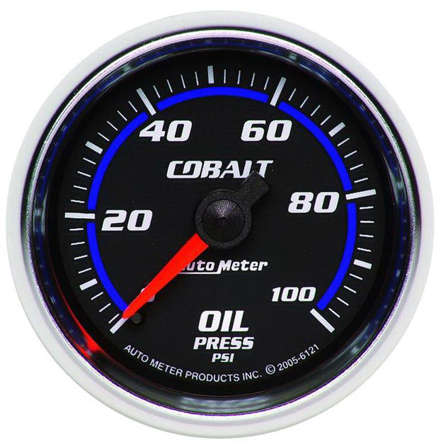 AutoMeter Cobalt 52mm mechanical oil pressure gauge displaying a black dial with white numerals and a silver bezel.