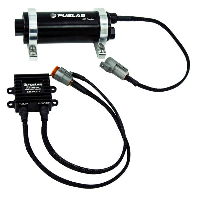 Fuelab high efficiency EFI in-line twin screw fuel pump for 2800HP engines, showing sleek metallic design and compact construction.