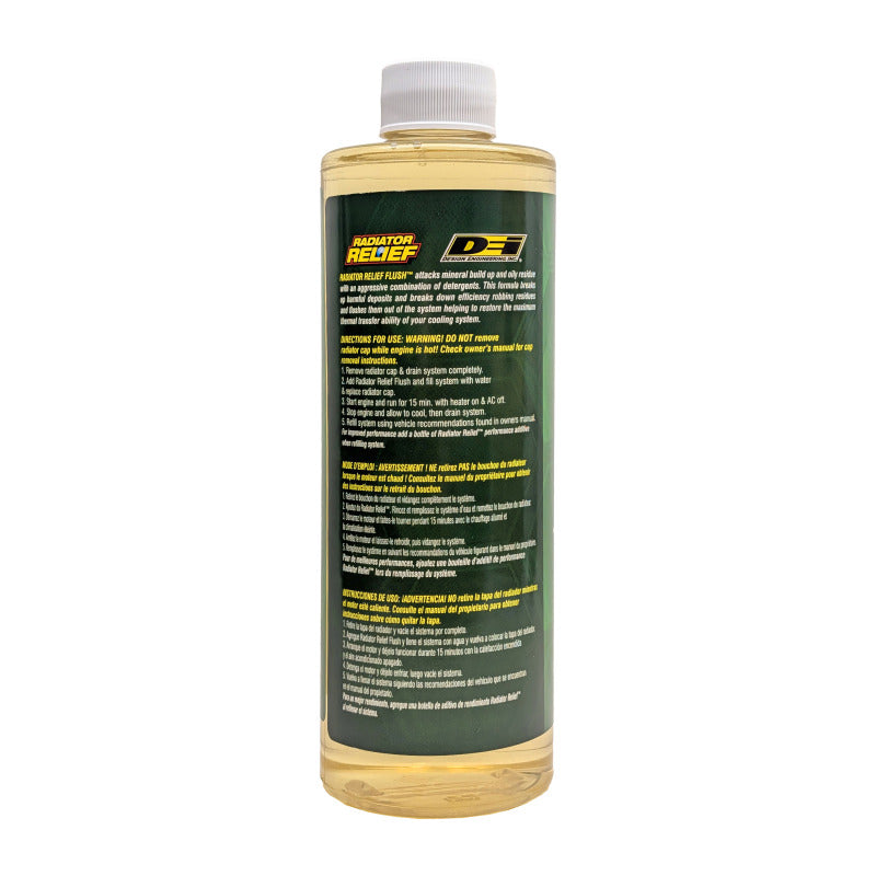 DEI Radiator Relief Flush 16oz bottle, coolant additive for radiator system cleaning and maintenance.