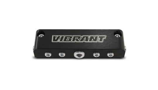 Vibrant aluminum vacuum manifold fitting in black with new design, showing multiple ports for automotive vacuum system connections.