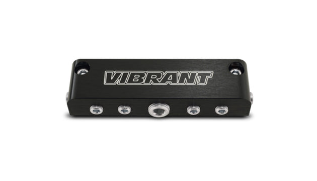 Vibrant aluminum vacuum manifold fitting in black with new design, showing multiple ports for automotive vacuum system connections.
