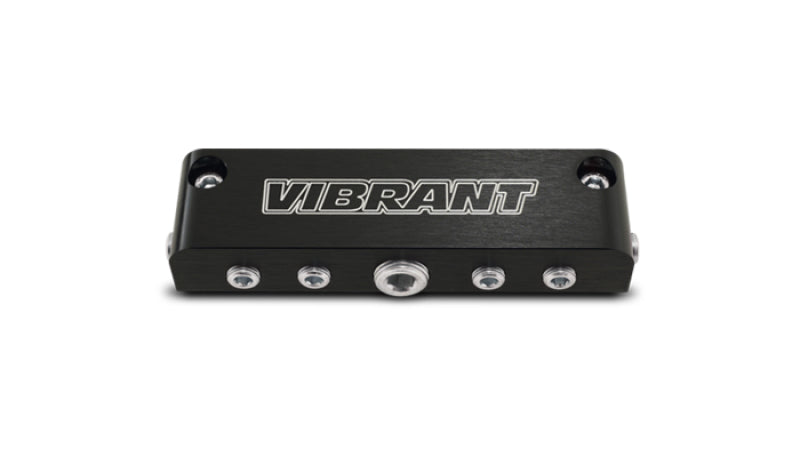 Vibrant aluminum vacuum manifold fitting in black with new design, showing multiple ports for automotive vacuum system connections.