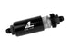 Aeromotive in-line fuel filter with AN-8 male fittings, 40 micron stainless mesh element, bright dip black finish.