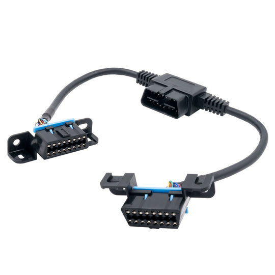 AutoMeter OBD-II signal splitter and adapter for gauges, shown with connected cables and ports on a white background.