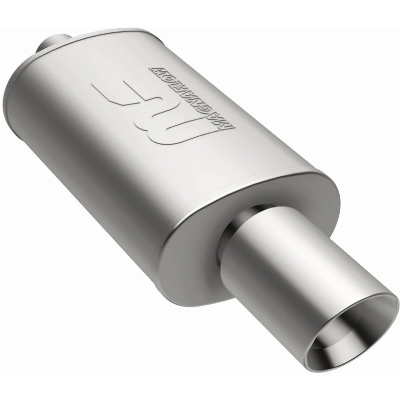 MagnaFlow stainless steel muffler with tip, 14x5x8 inches, featuring dual inlet and outlet pipes, for automotive exhaust systems.