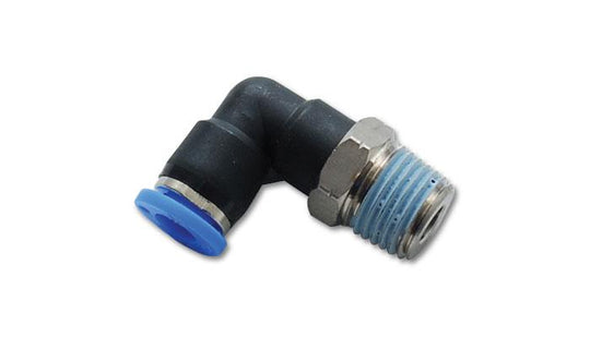 Vibrant male elbow pneumatic vacuum fitting with 1/4 inch NPT thread for use with 1/4 inch OD tubing, clear and durable plastic.