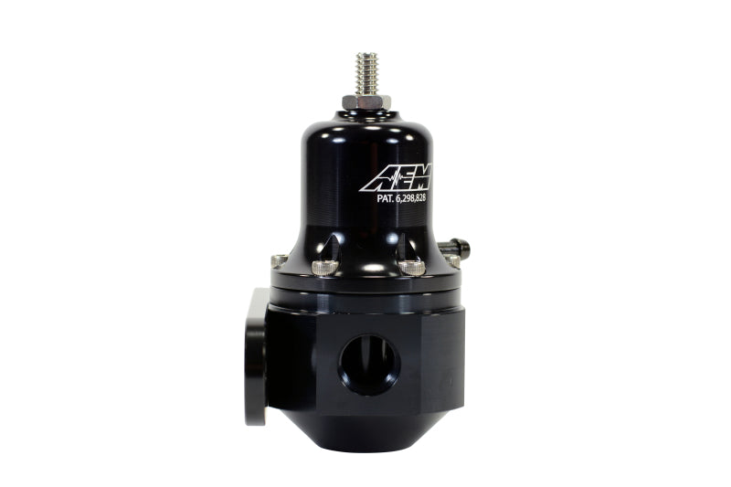AEM high capacity universal black adjustable fuel pressure regulator for automotive engines, showing the regulator with hoses attached.
