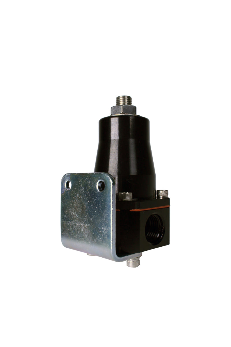 Aeromotive adjustable billet fuel pressure regulator with black finish, featuring two -6 inlets and one -6 return port for EFI systems.