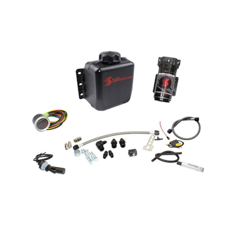 Snow Performance Stage 2 Boost Cooler water injection kit with SS braided 4AN fittings, no tank, for enhanced engine performance.