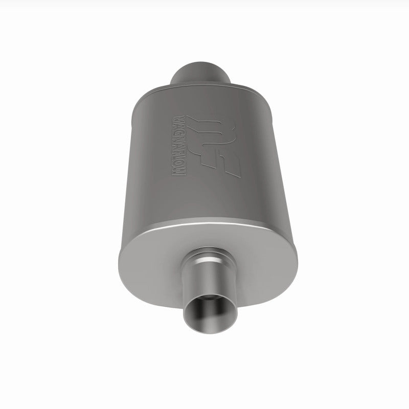 MagnaFlow stainless steel muffler with tip, 14x5x8 inches, dual inlet/outlet, designed for automotive exhaust systems.