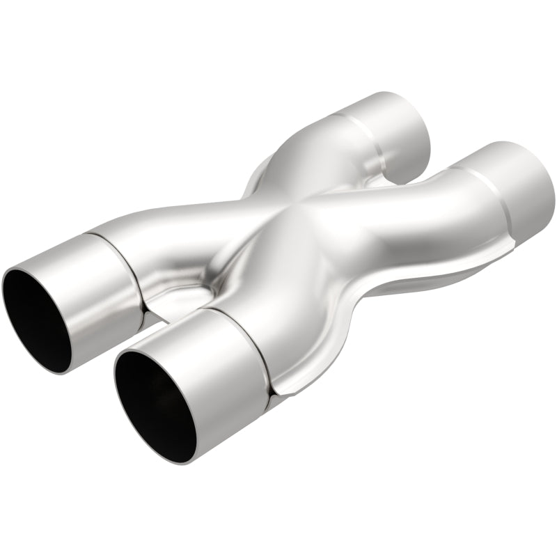 MagnaFlow Smooth Trans X 2.5/2.5 SS X pipe for exhaust systems, showing polished stainless steel construction and precise welds.