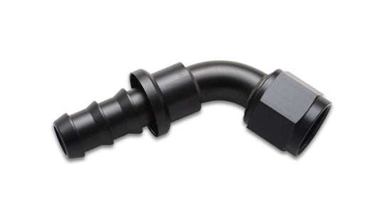 Vibrant push-on 60-degree hose end elbow fitting, -8AN size, designed for high-performance fluid connections.