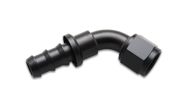 Vibrant push-on 60-degree hose end elbow fitting, -8AN size, designed for high-performance fluid connections.