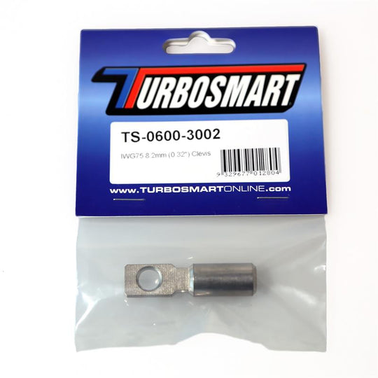 Turbosmart IWG75 8.2mm internal wastegate clevis for turbocharger wastegate accessories, shown with metal components and fittings.