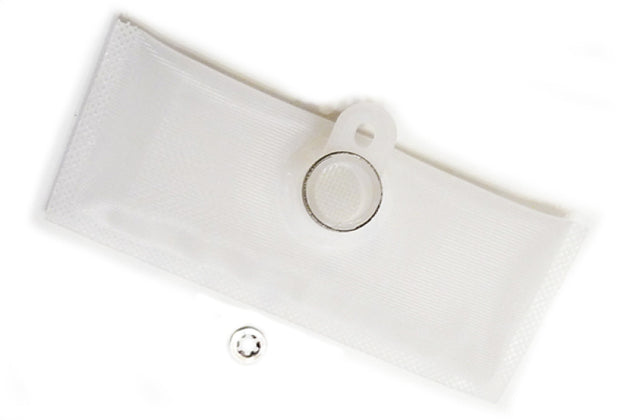 Radium Engineering fuel pump inlet filter sock fitted on a fitting, showcasing its mesh design for filtering fuel.