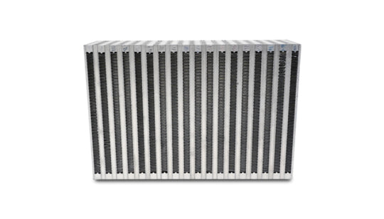 Vibrant vertical flow intercooler core, 12-inch wide, 8-inch high, 3.5-inch thick, with finned cooling surfaces for efficient airflow.