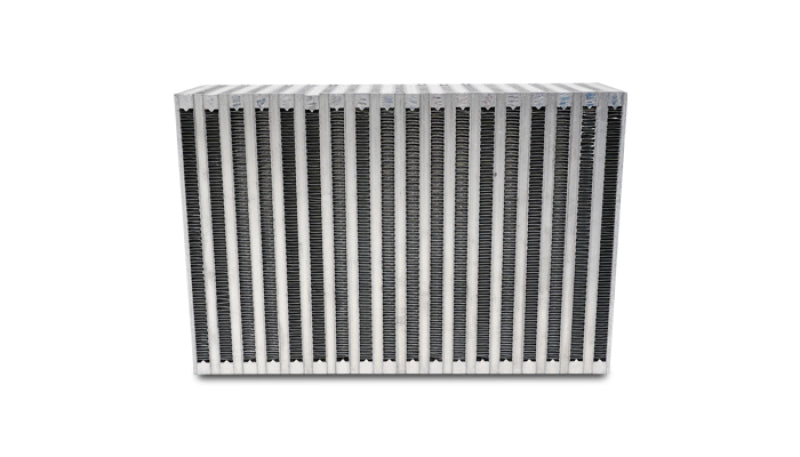 Vibrant vertical flow intercooler core, 18-inch width, 12-inch height, 6-inch thickness, designed for high-performance cooling.
