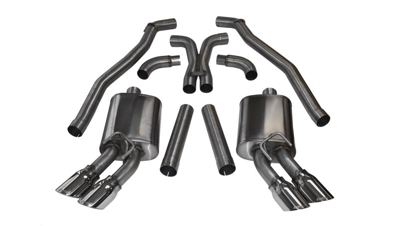 Polished CORSA Performance catback exhaust system for 2012-2015 Chevrolet Camaro ZL1 coupe with 6.2L V8 engine, showing the polished metal pipes.