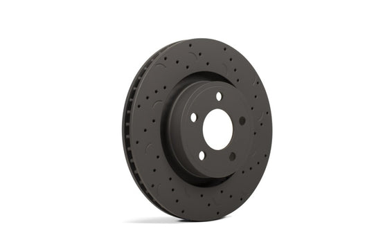 Hawk Performance drilled and slotted front brake rotors with Brembo calipers for 2012 Buick Regal, showing the drilled and slotted design.