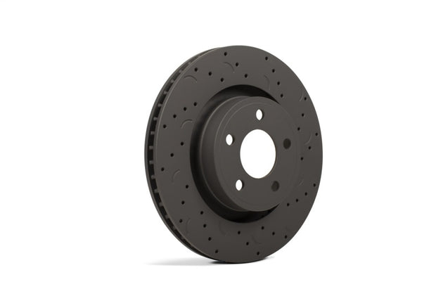 Hawk Performance drilled and slotted front brake rotors with Brembo calipers for 2012 Buick Regal, showing the drilled and slotted design.