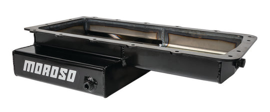 Moroso Ford 5.0 Coyote/Cobra oil pan with rear sump, 9.5qt capacity, steel construction, for road race and wet sump applications.
