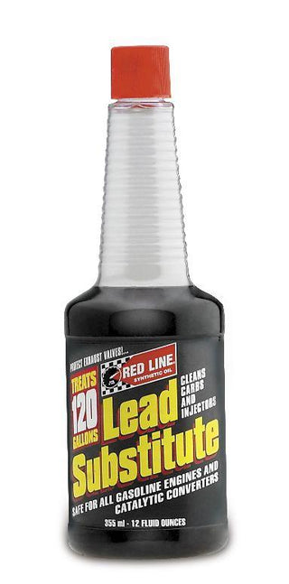 Red Line Lead Substitute additive in a 12oz bottle, designed to improve engine performance and reduce lead deposits.