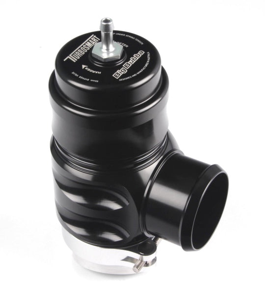 Turbosmart Universal Big Bubba BPV blow off valve with black sleeved design, mounted on a turbocharged engine.