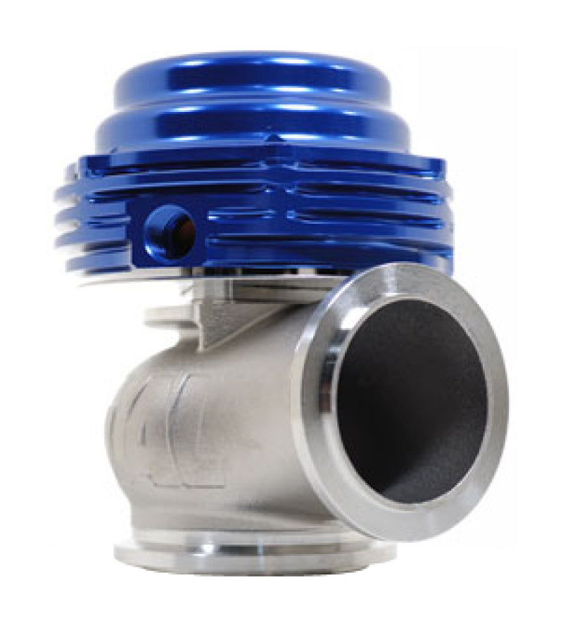 Blue TiAL Sport MVS Wastegate with all springs and clamps, showcasing the compact, high-performance automotive turbocharger component.