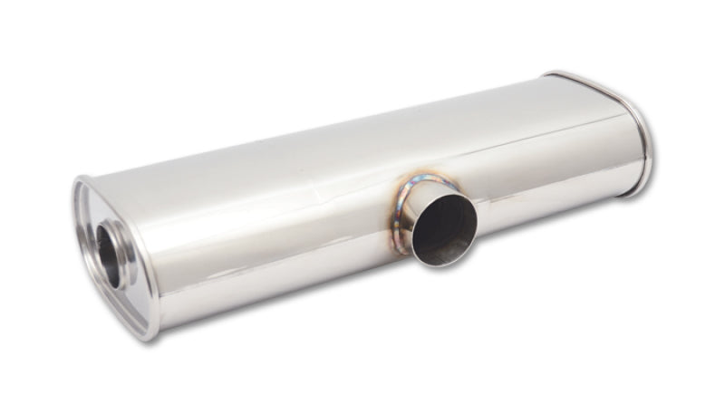 Vibrant StreetPower Oval Muffler, 6x10x24 inches, dual side-in split design, long body with 2.5-inch ID and 2.25-inch outlet, automotive exhaust.