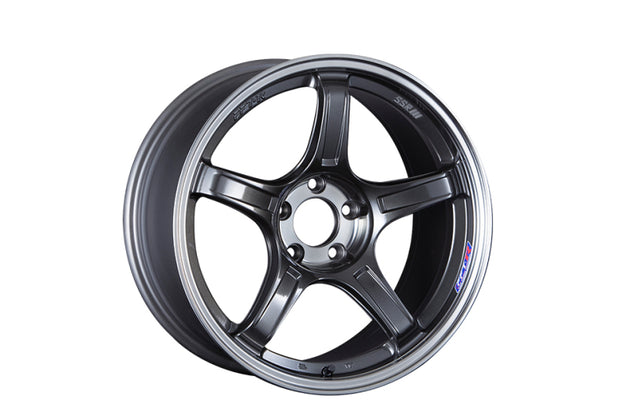 SSR GTX03 18x9.5 black graphite cast wheel with 5x100 bolt pattern and 38mm offset, shown in close-up view.