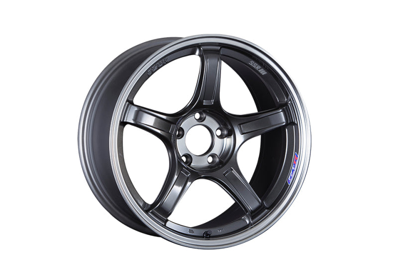 SSR GTX03 18x9.5 black graphite cast wheel with 5x100 bolt pattern and 38mm offset, shown in close-up view.