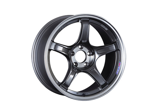 SSR GTX03 18x9.5 gun metallic cast wheel with 5x114.3 bolt pattern and 38mm offset, shown in a close-up view.