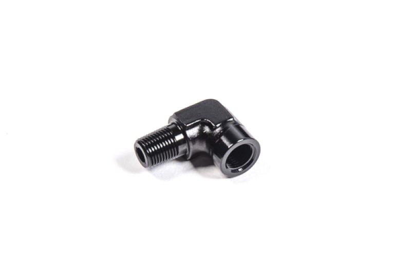 Radium Engineering 1/8 inch NPT male to female 90-degree fitting showing threaded connections and precise angles.