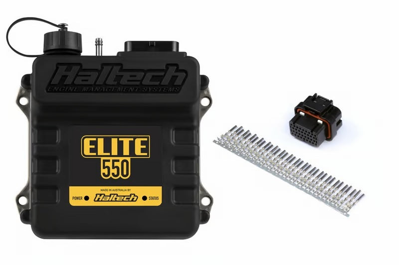 Haltech Elite 550 Universal ECU with plug and pin set for programming and tuning automotive engine control units.
