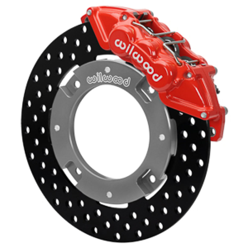 Wilwood 17-21 Can-Am X3RS red 6-piston front brake kit with 11.25-inch drilled rotors, designed for high-performance off-road use.